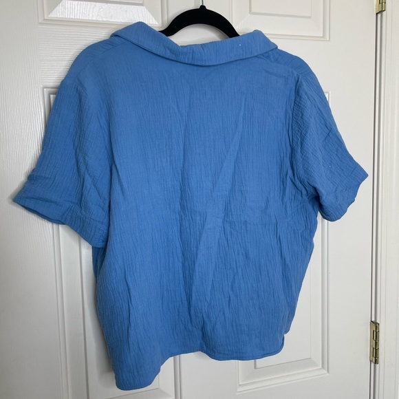 FRNCH PARIS blue crinkle textured button up collard crop top | M - Picture 7 of 11